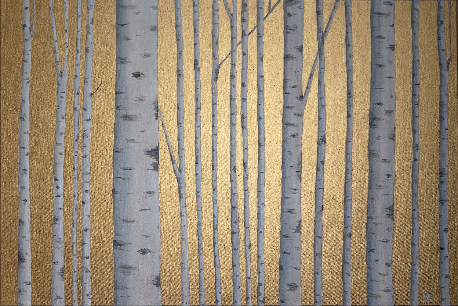 Minimalist painting featuring a birch forest against a gold background, displayed in a modern interior. Direct  light.