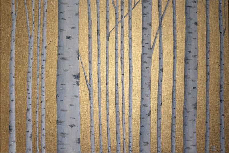 Minimalist painting featuring a birch forest against a gold background, displayed in a modern interior. Direct  light.