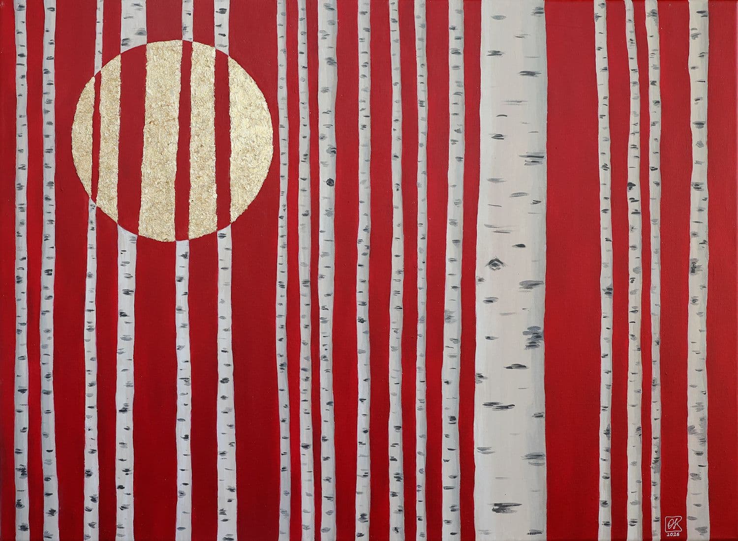 Abstract birch forest on a red background with a large golden moon.