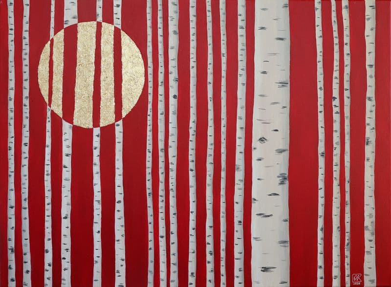 Abstract birch forest on a red background with a large golden moon.