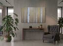 Visualization of a minimalist painting featuring a birch forest against a gold background in a modern interior.