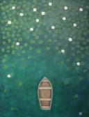 A boat on a lake among water lilies, seen from a bird's eye view