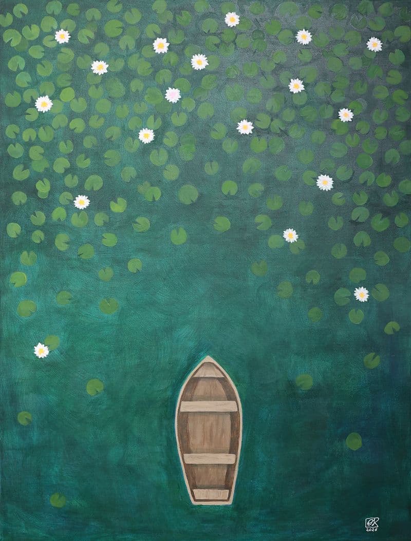 A boat on a lake among water lilies, seen from a bird's eye view
