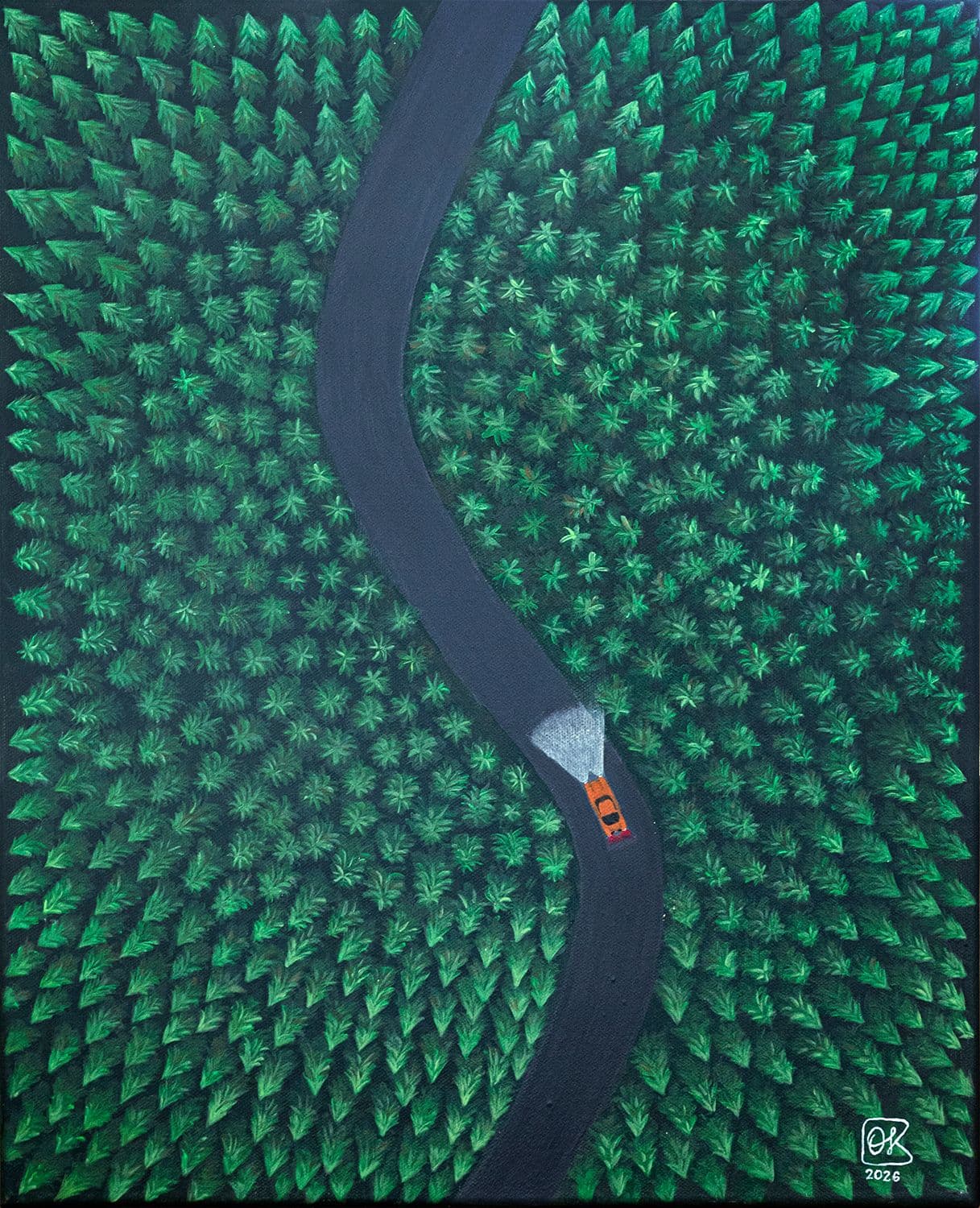 A bird's-eye view of a spruce forest, cut through by a road along which an orange car is driving.
