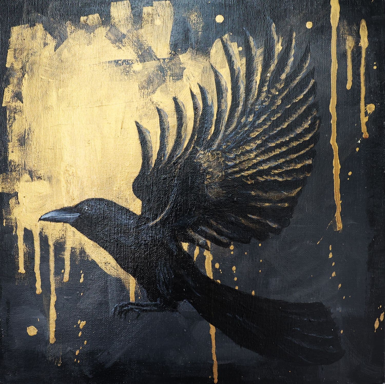 Raven on shabby golden-black background