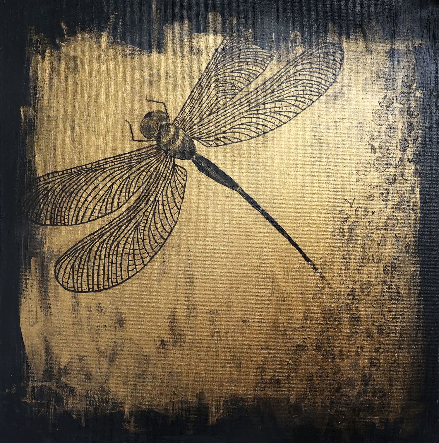 Black dragonfly on shabby golden background